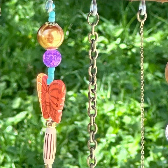 Handcrafted Amber Glass Bottle Wind Chime with Colorful Beads - Picture 3 of 9